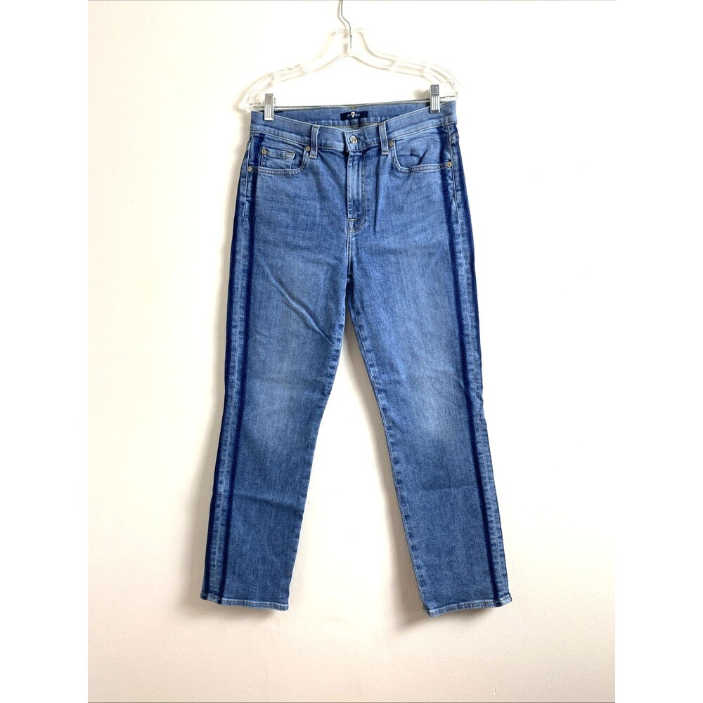 7 For All Mankind Jeans Womens 31 Blue Denim Streight Leg Stripes Side High Rise